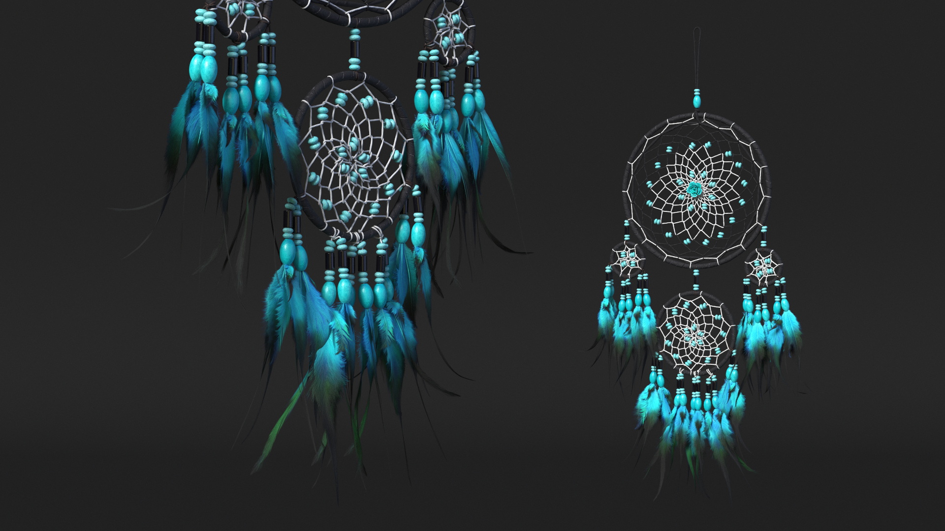 Dreamcatcher with Blue Feathers Four Rings 3D