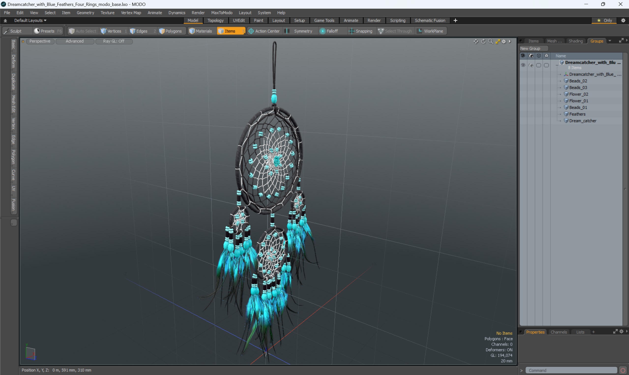 Dreamcatcher with Blue Feathers Four Rings 3D