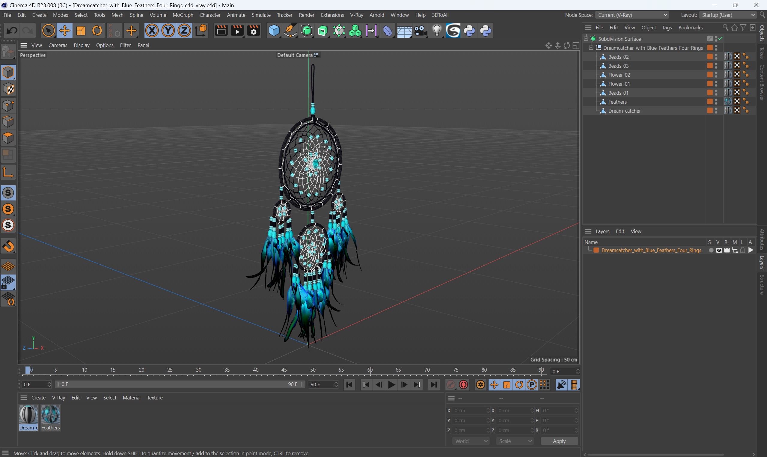 Dreamcatcher with Blue Feathers Four Rings 3D