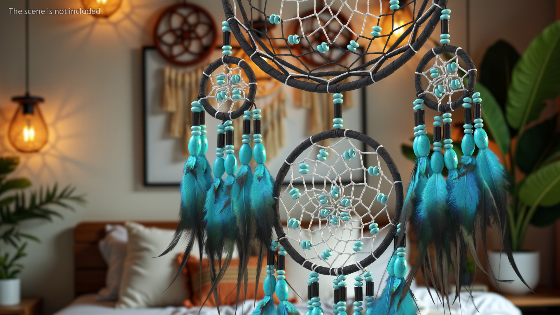 Dreamcatcher with Blue Feathers Four Rings 3D