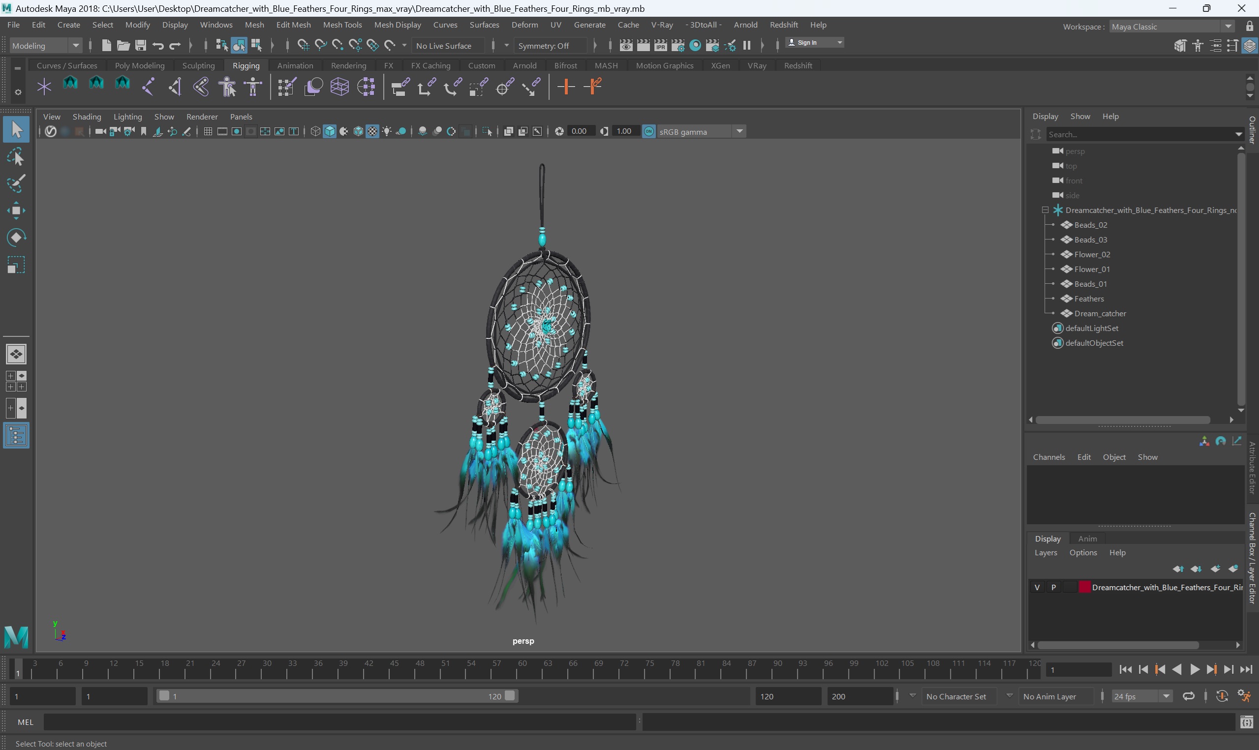Dreamcatcher with Blue Feathers Four Rings 3D