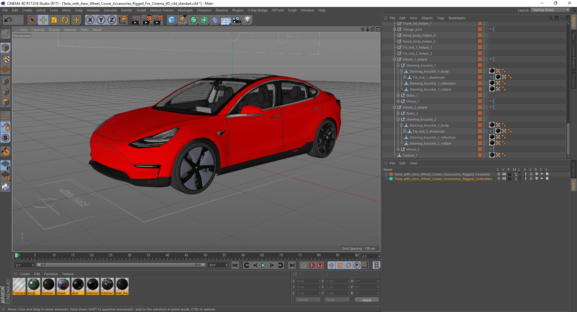 3D model Tesla with Aero Wheel Cower Accessories Rigged for Cinema 4D