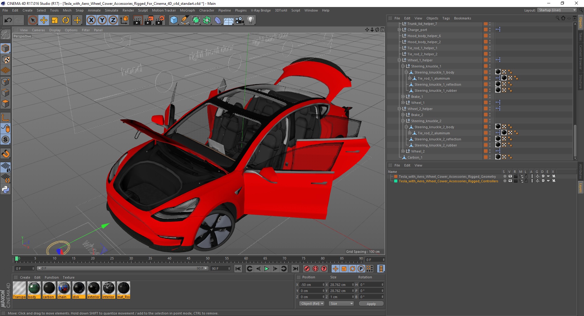 3D model Tesla with Aero Wheel Cower Accessories Rigged for Cinema 4D