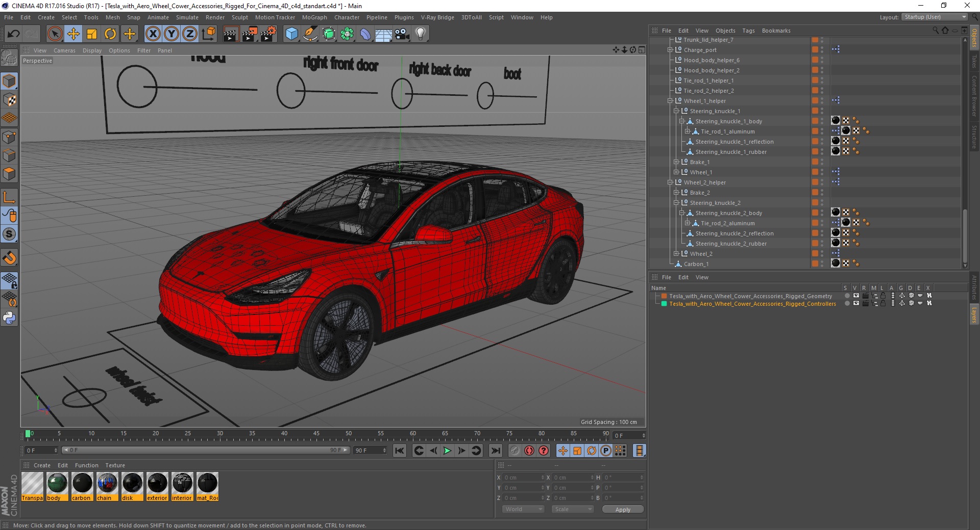 3D model Tesla with Aero Wheel Cower Accessories Rigged for Cinema 4D