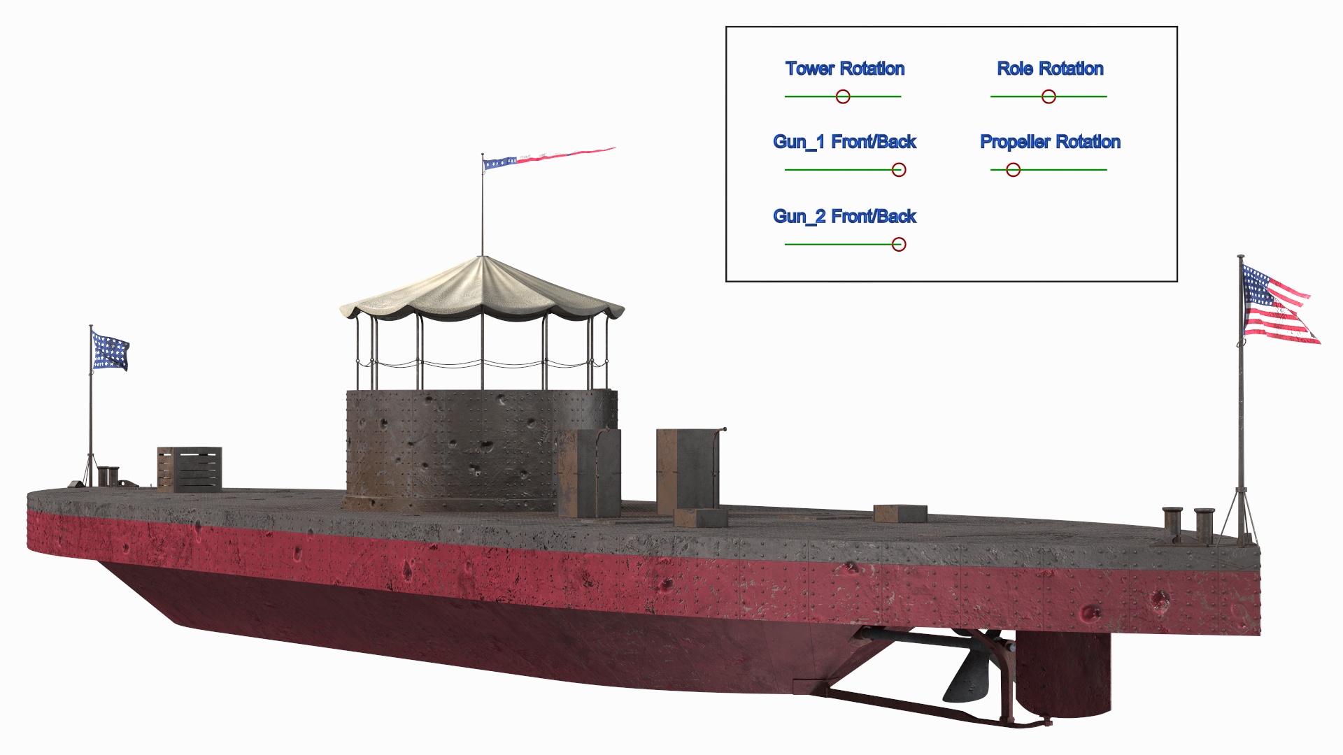 3D USS Monitor with Tower Old Rigged model