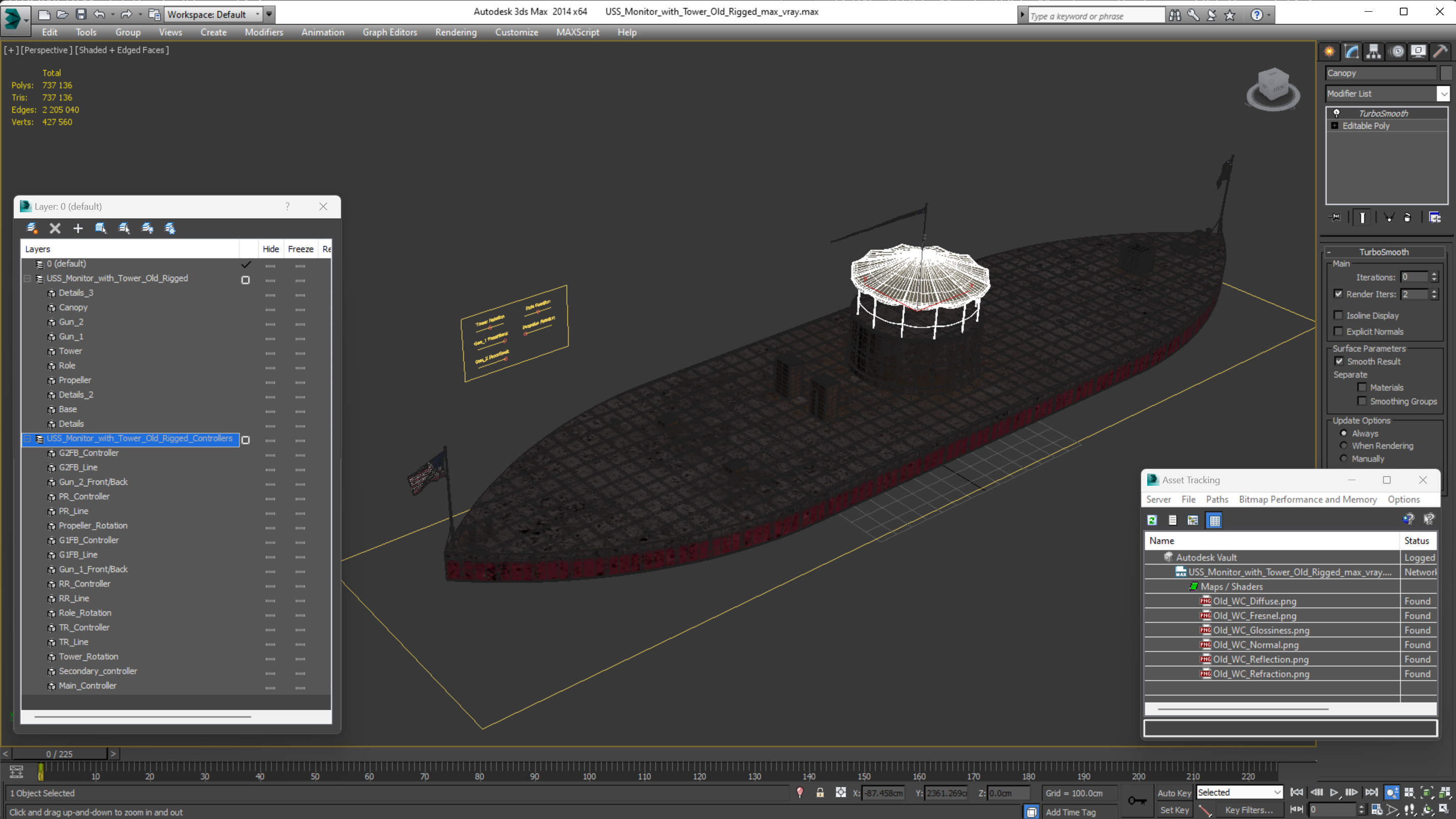 3D USS Monitor with Tower Old Rigged model