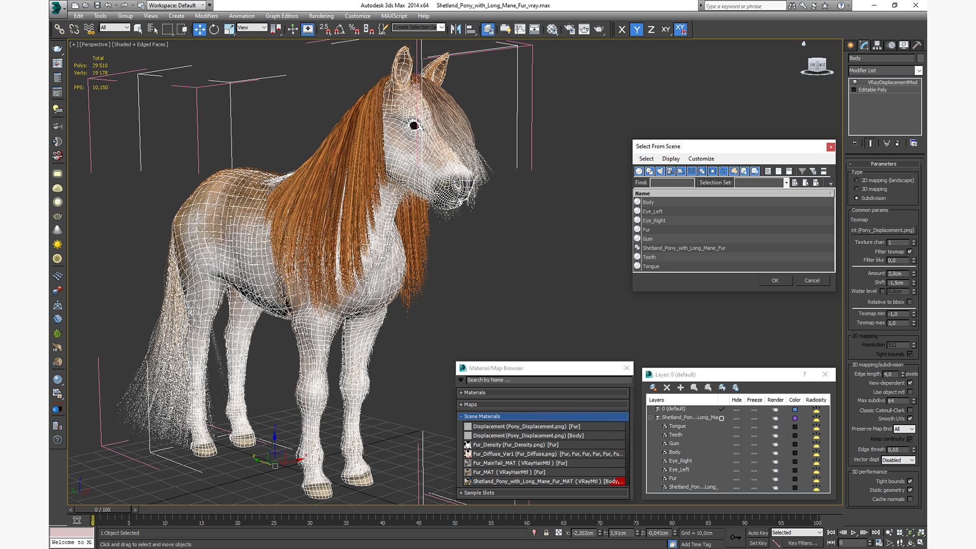 Shetland Pony with Long Mane Fur 3D
