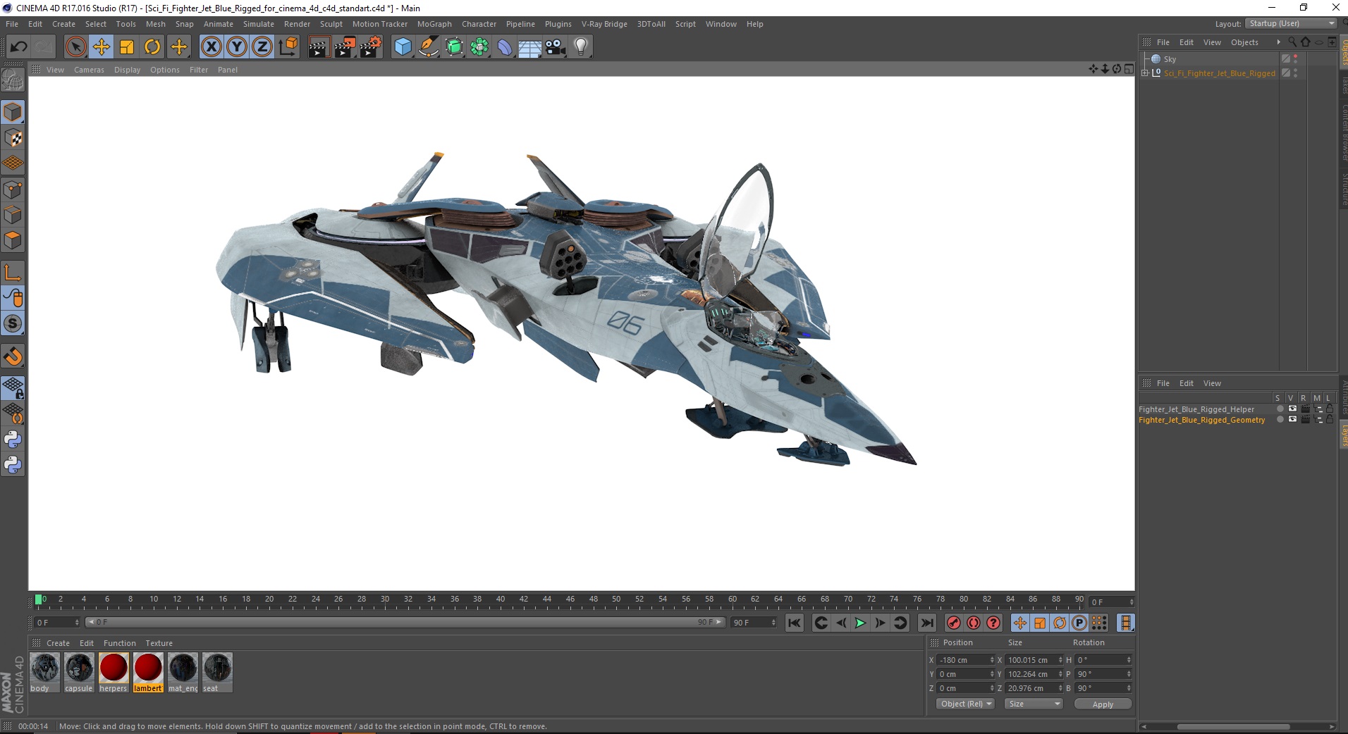 Sci Fi Fighter Jet Blue Rigged for Cinema 4D 3D model