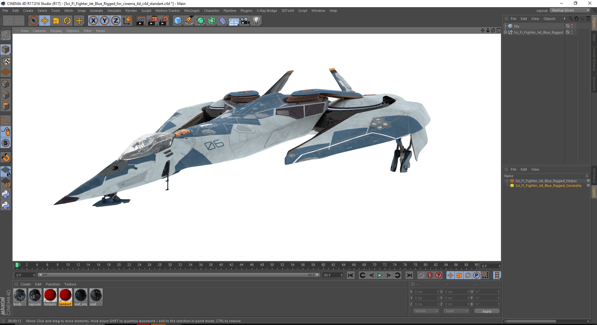 Sci Fi Fighter Jet Blue Rigged for Cinema 4D 3D model