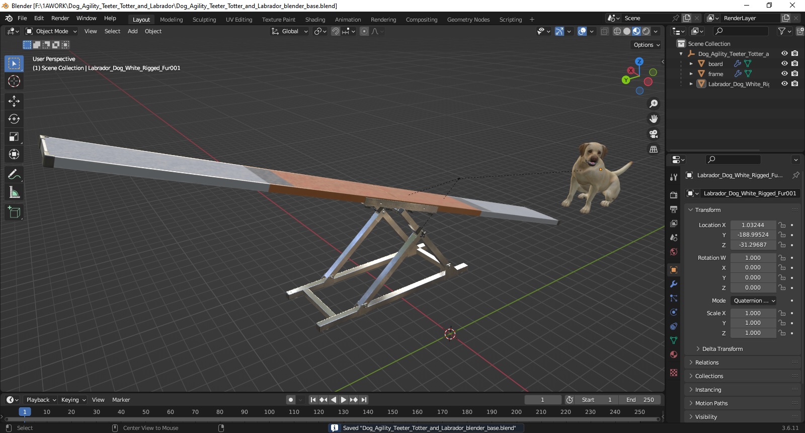 3D Dog Agility Teeter Totter and Labrador model