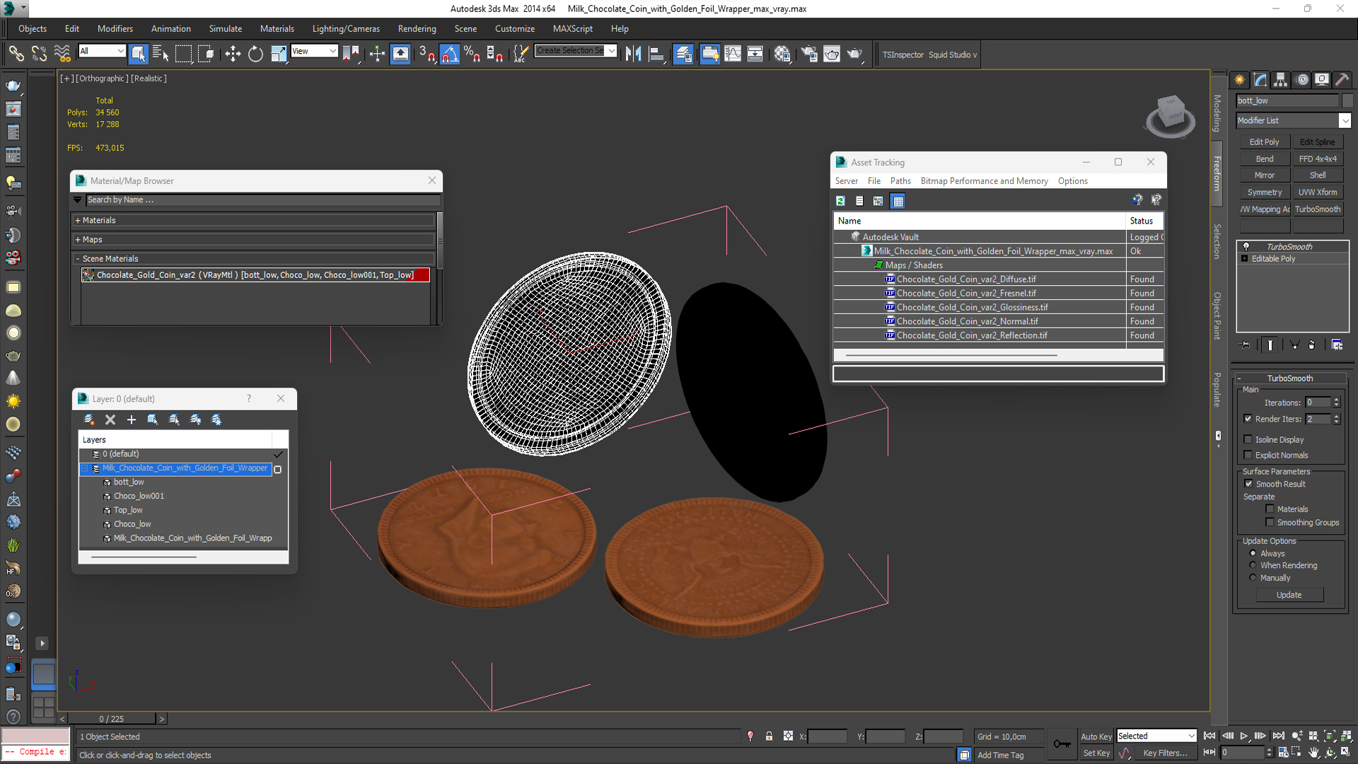 Milk Chocolate Coin with Golden Foil Wrapper 3D model