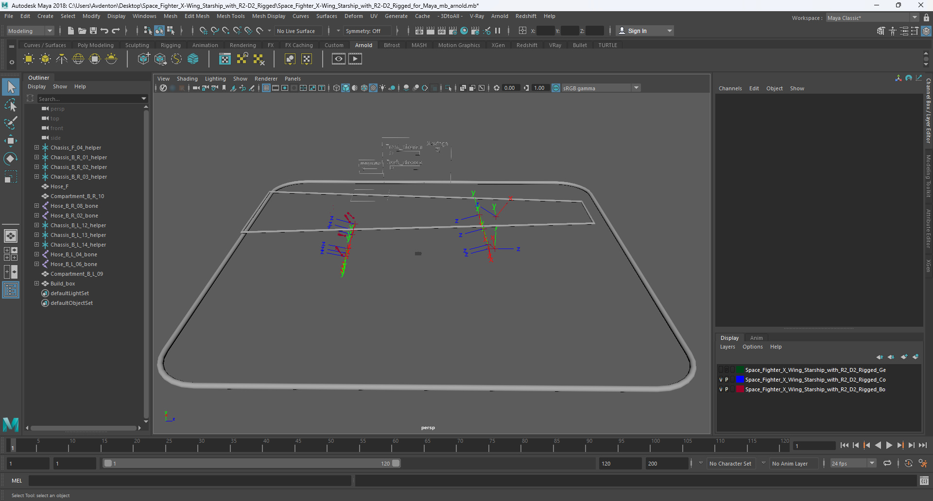 3D Space Fighter X-Wing Starship with R2-D2 Rigged for Maya
