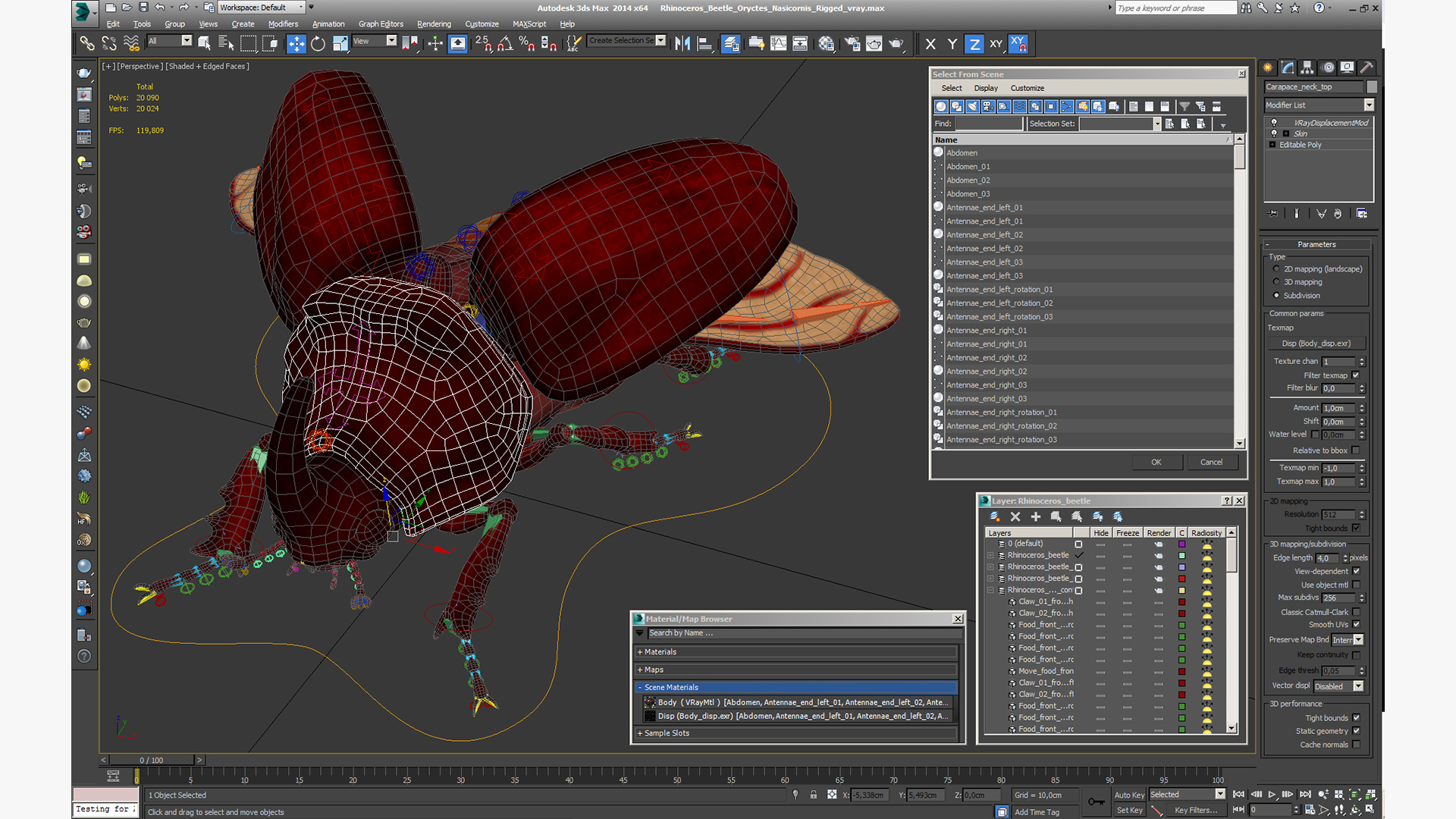 3D Rhinoceros Beetle Oryctes Nasicornis Rigged model