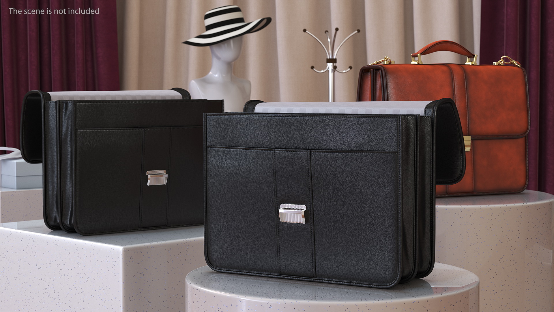 Opened Leather Flapover Briefcase Black 3D model
