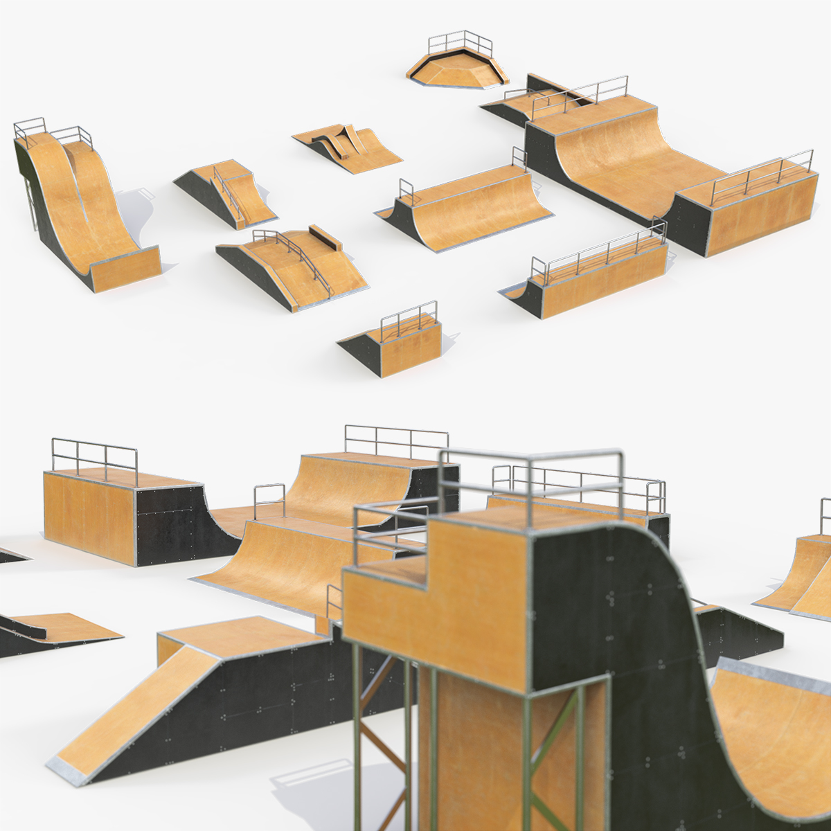 Modular Skatepark Ramp Elements Set Game Ready 3D model preview