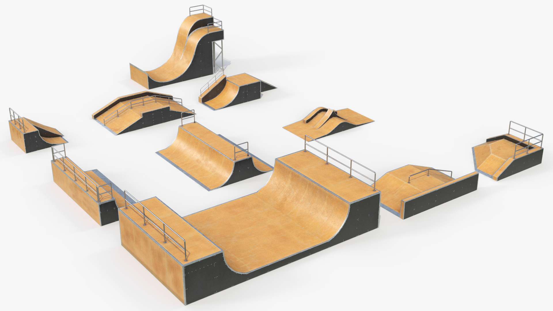 Modular Skatepark Ramp Elements Set Game Ready, view 4