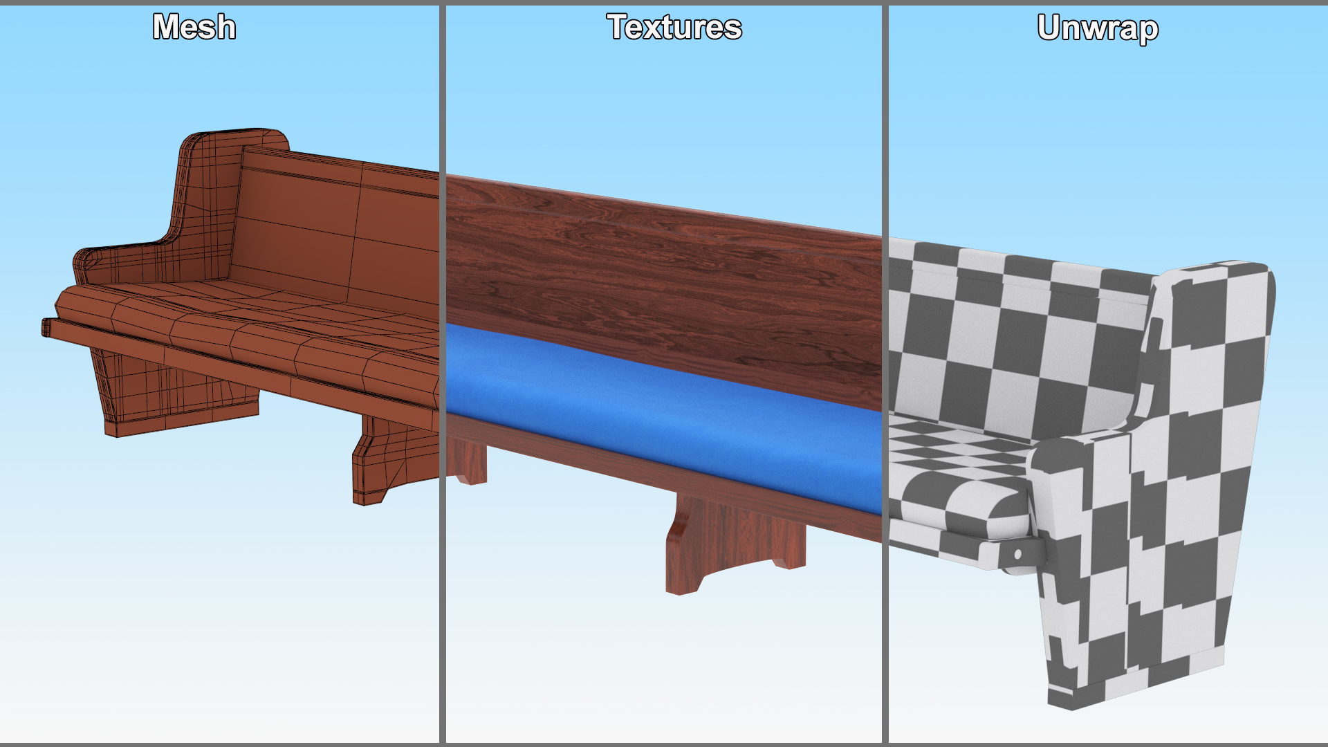 3D Upholstered Church Pew Bench Blue model
