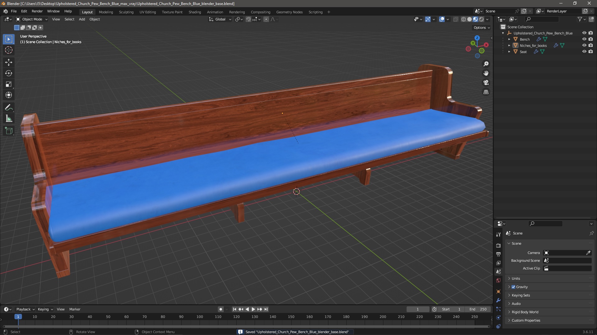 3D Upholstered Church Pew Bench Blue model