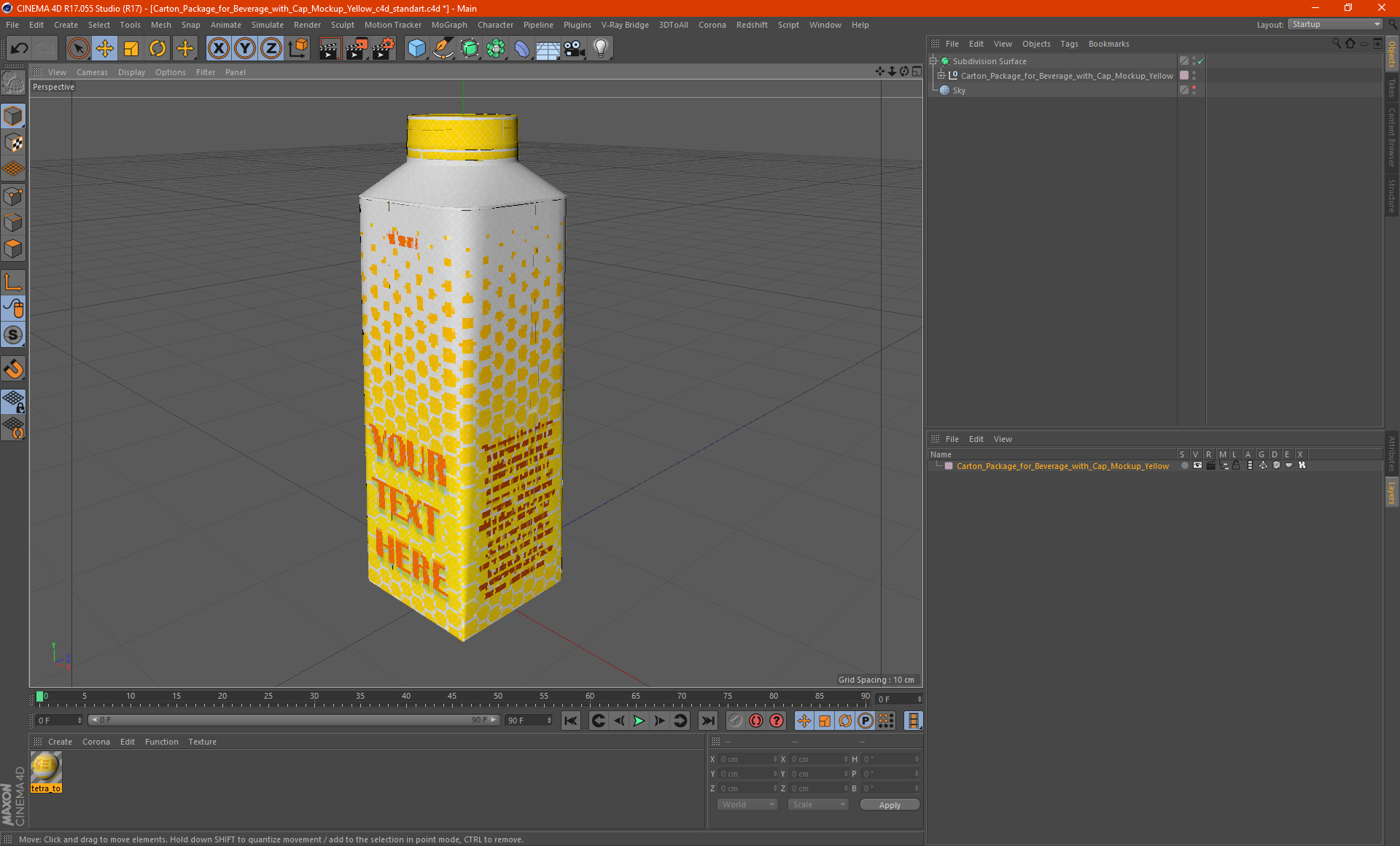 3D model Carton Package for Beverage with Cap Mockup Yellow