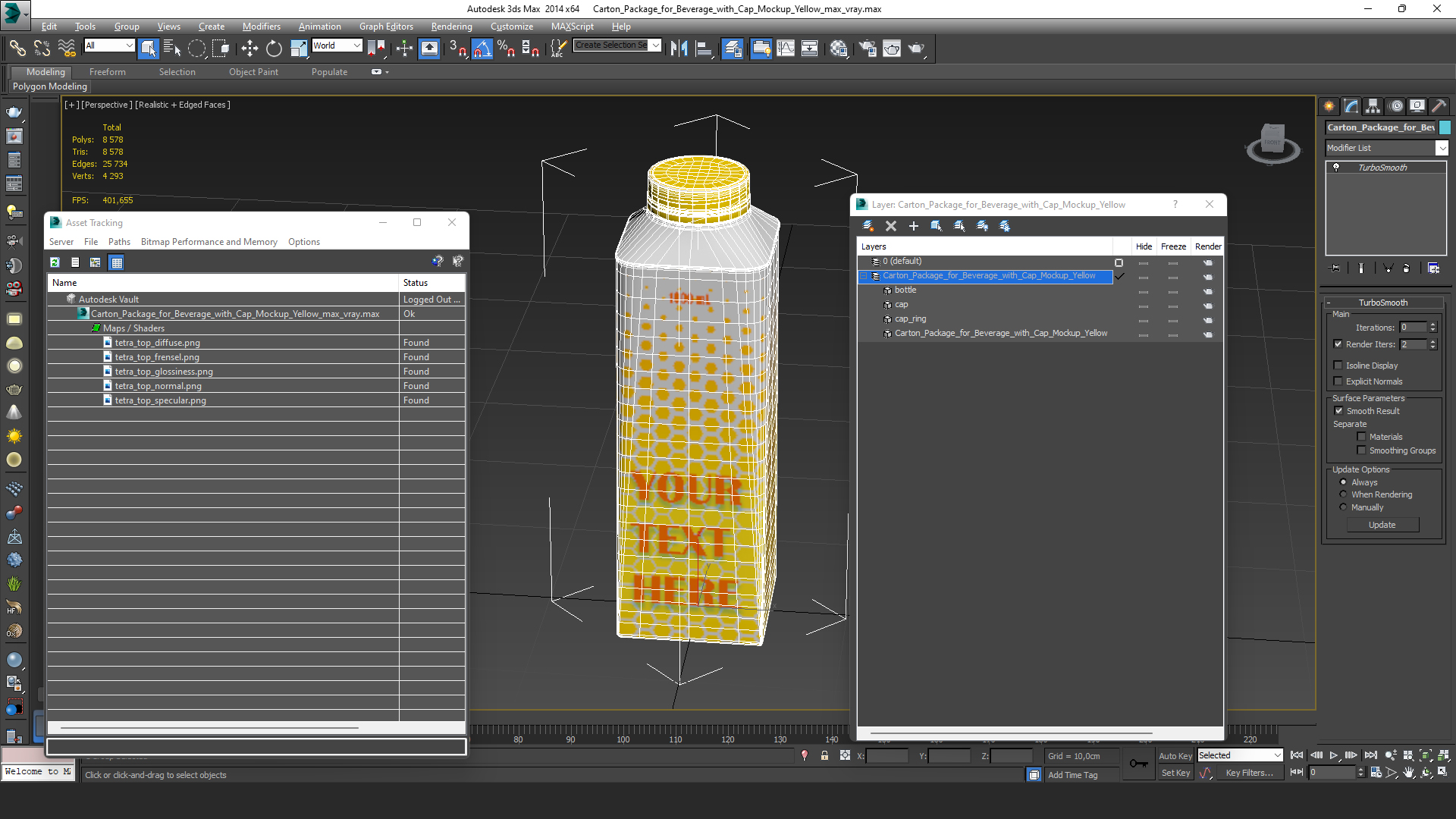 3D model Carton Package for Beverage with Cap Mockup Yellow