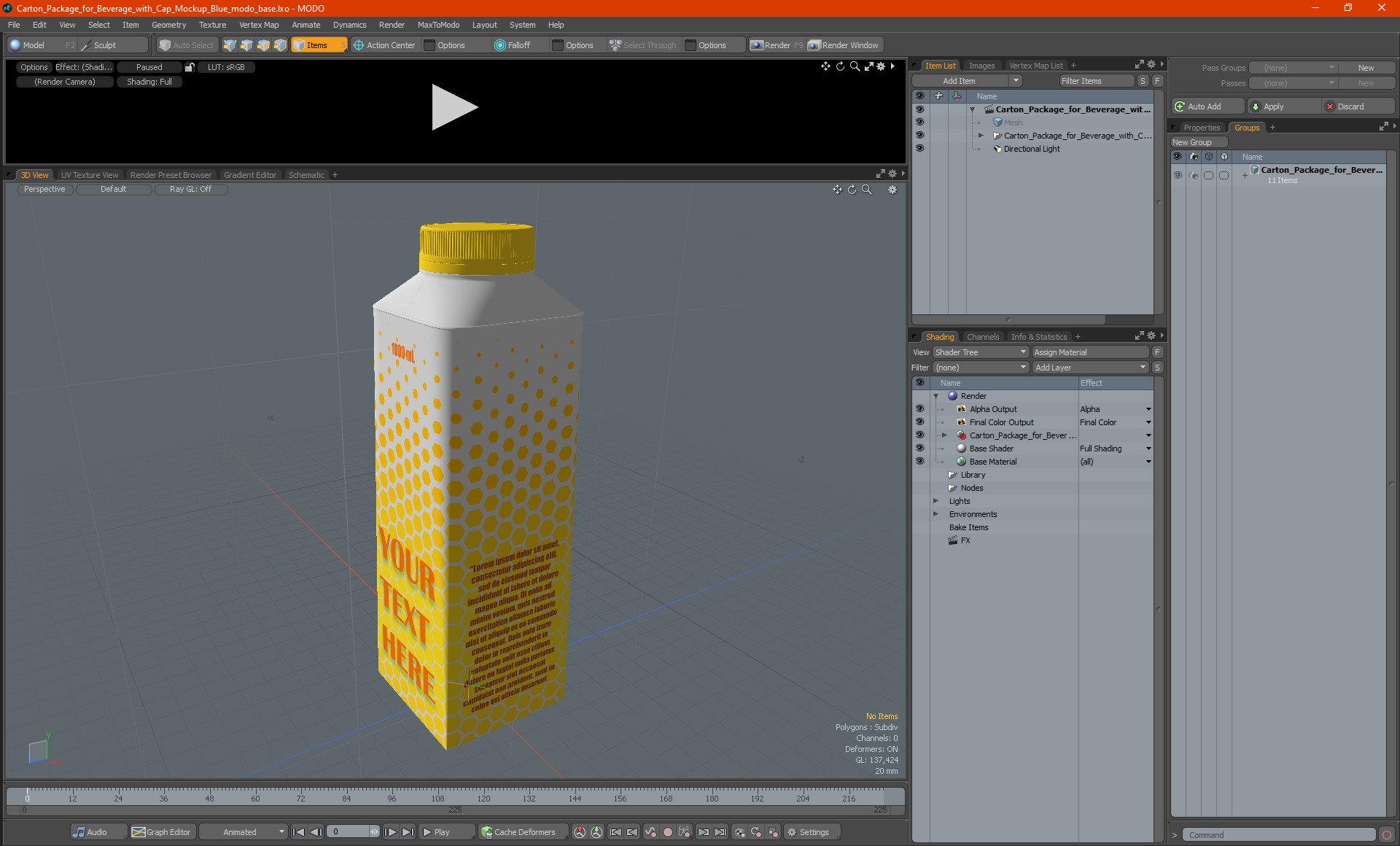 3D model Carton Package for Beverage with Cap Mockup Yellow