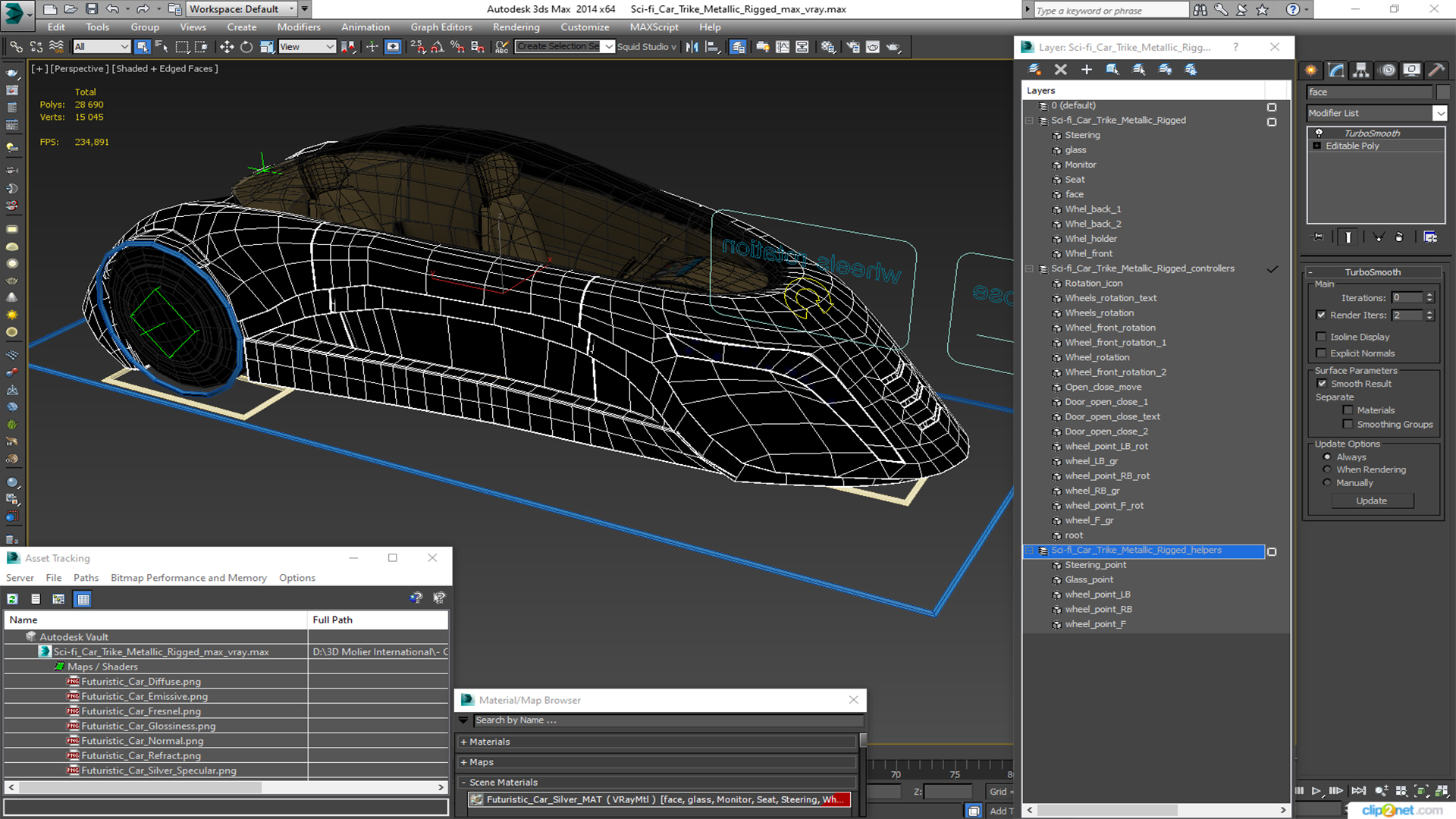 3D Sci-fi Car Trike Metallic Rigged for Cinema 4D