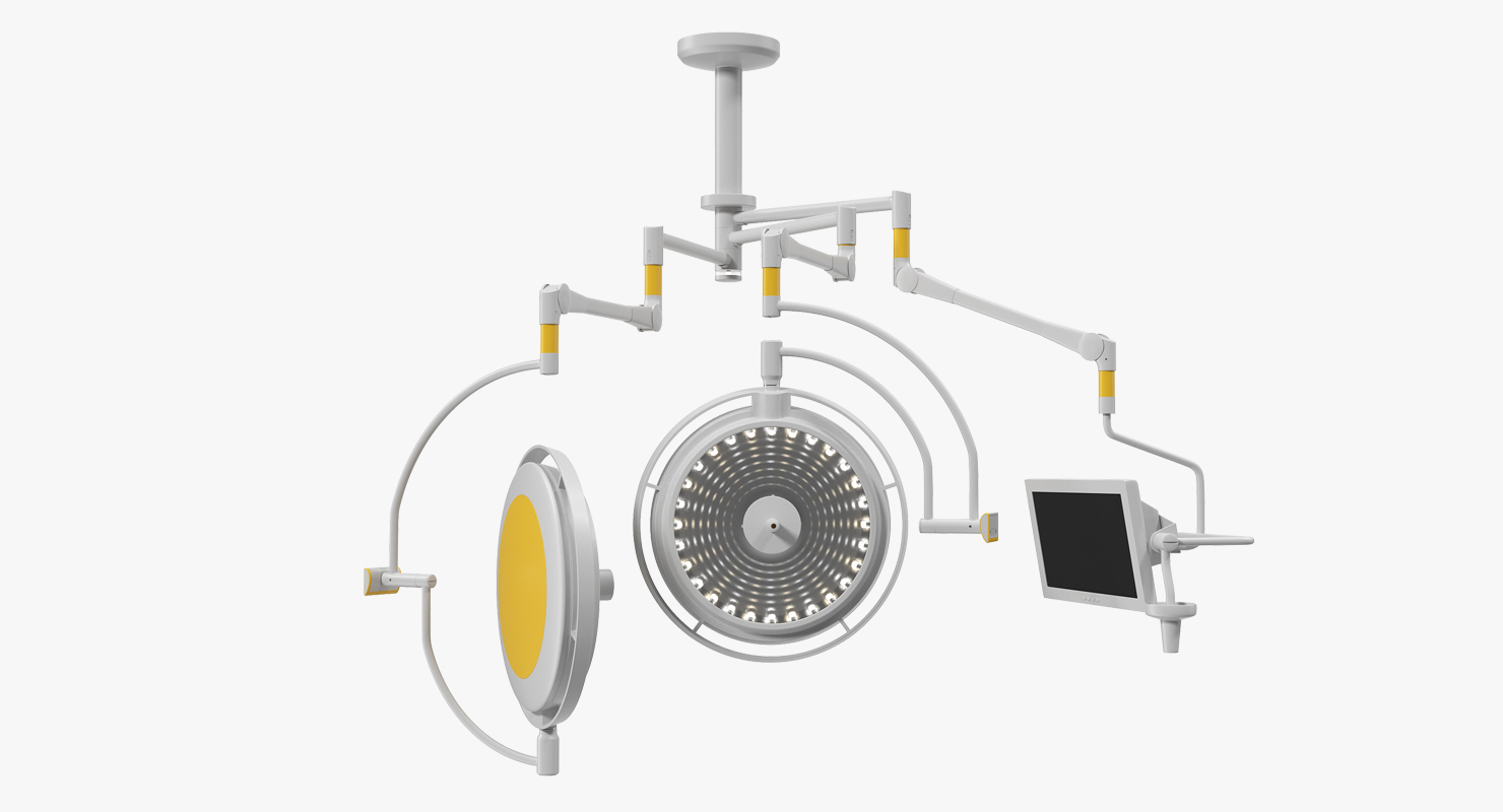 3D Two Arm Surgical Light with Monitor Ceiling Mount Rigged