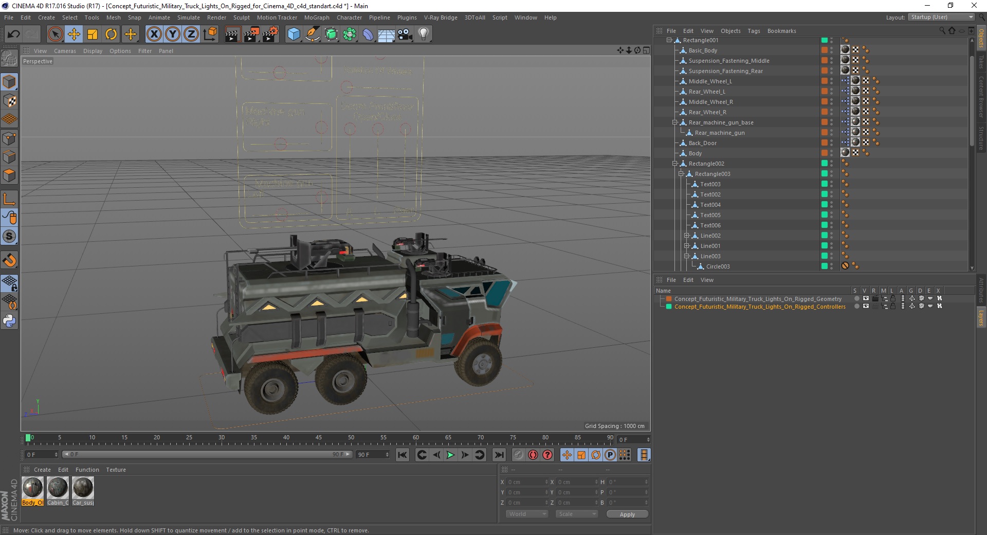 Concept Futuristic Military Truck Lights On Rigged for Cinema 4D 3D model