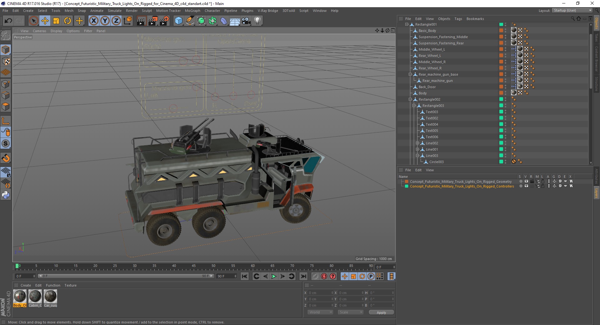 Concept Futuristic Military Truck Lights On Rigged for Cinema 4D 3D model