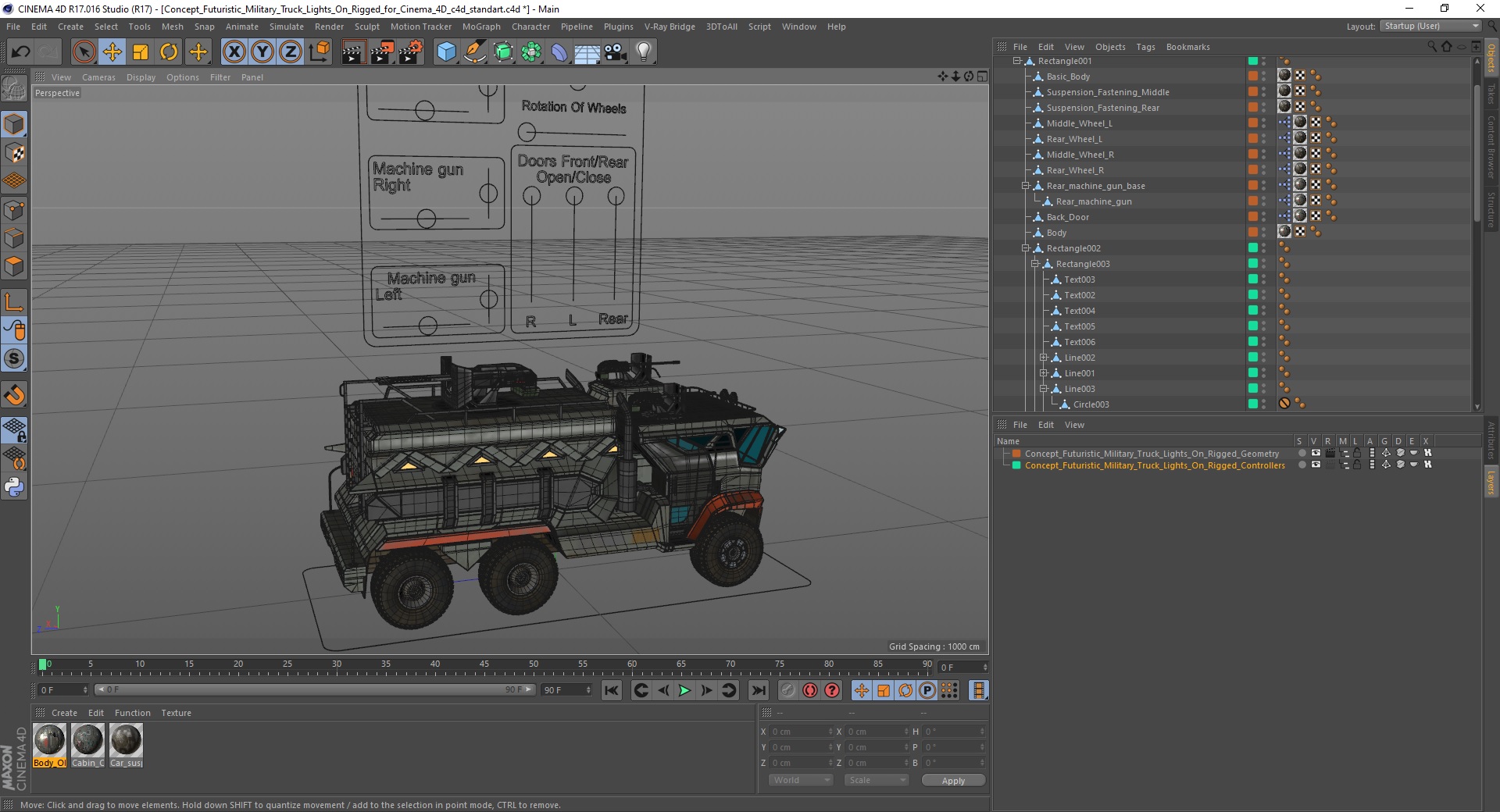 Concept Futuristic Military Truck Lights On Rigged for Cinema 4D 3D model