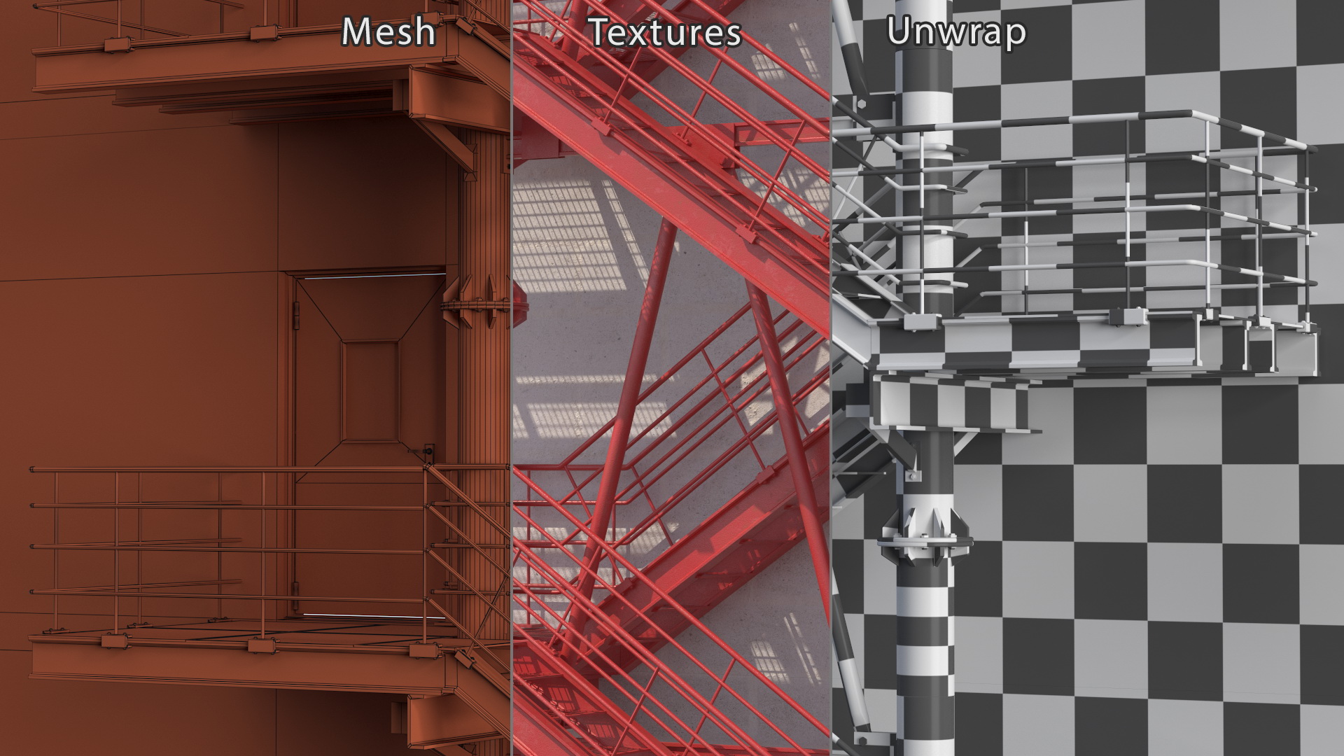 3D Fire Escape Red with Concrete Wall of House model