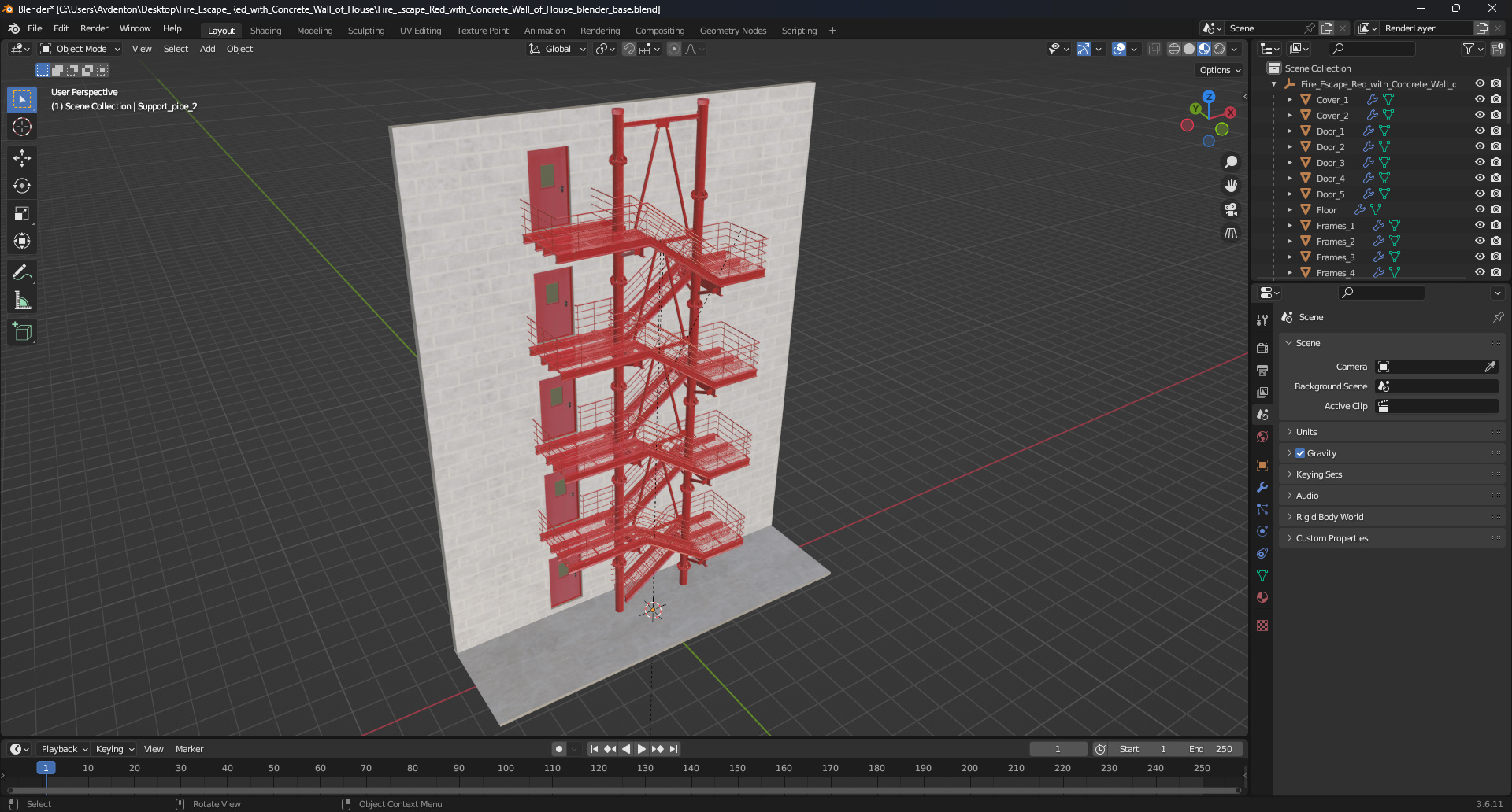 3D Fire Escape Red with Concrete Wall of House model
