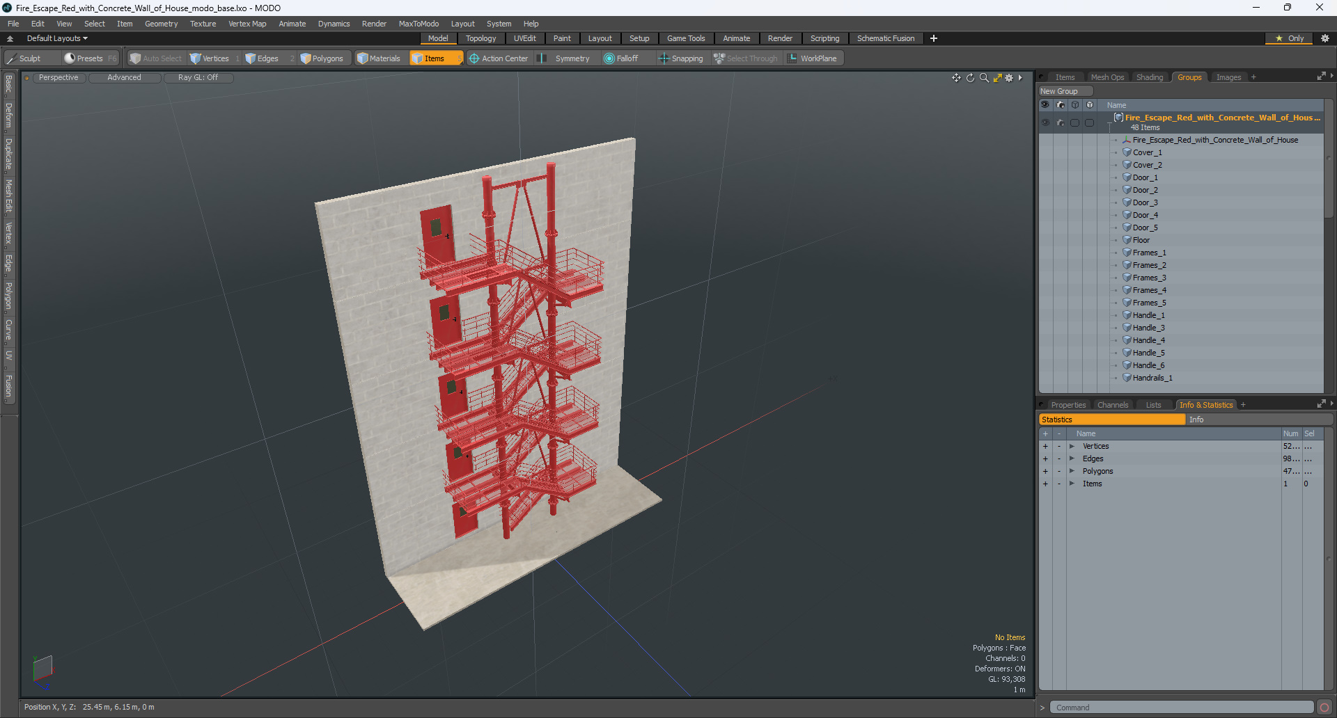 3D Fire Escape Red with Concrete Wall of House model