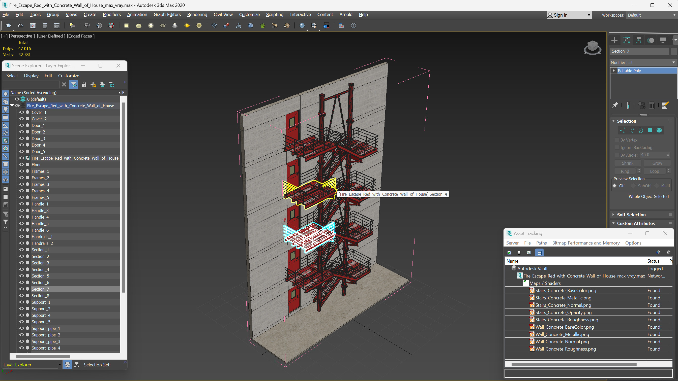 3D Fire Escape Red with Concrete Wall of House model