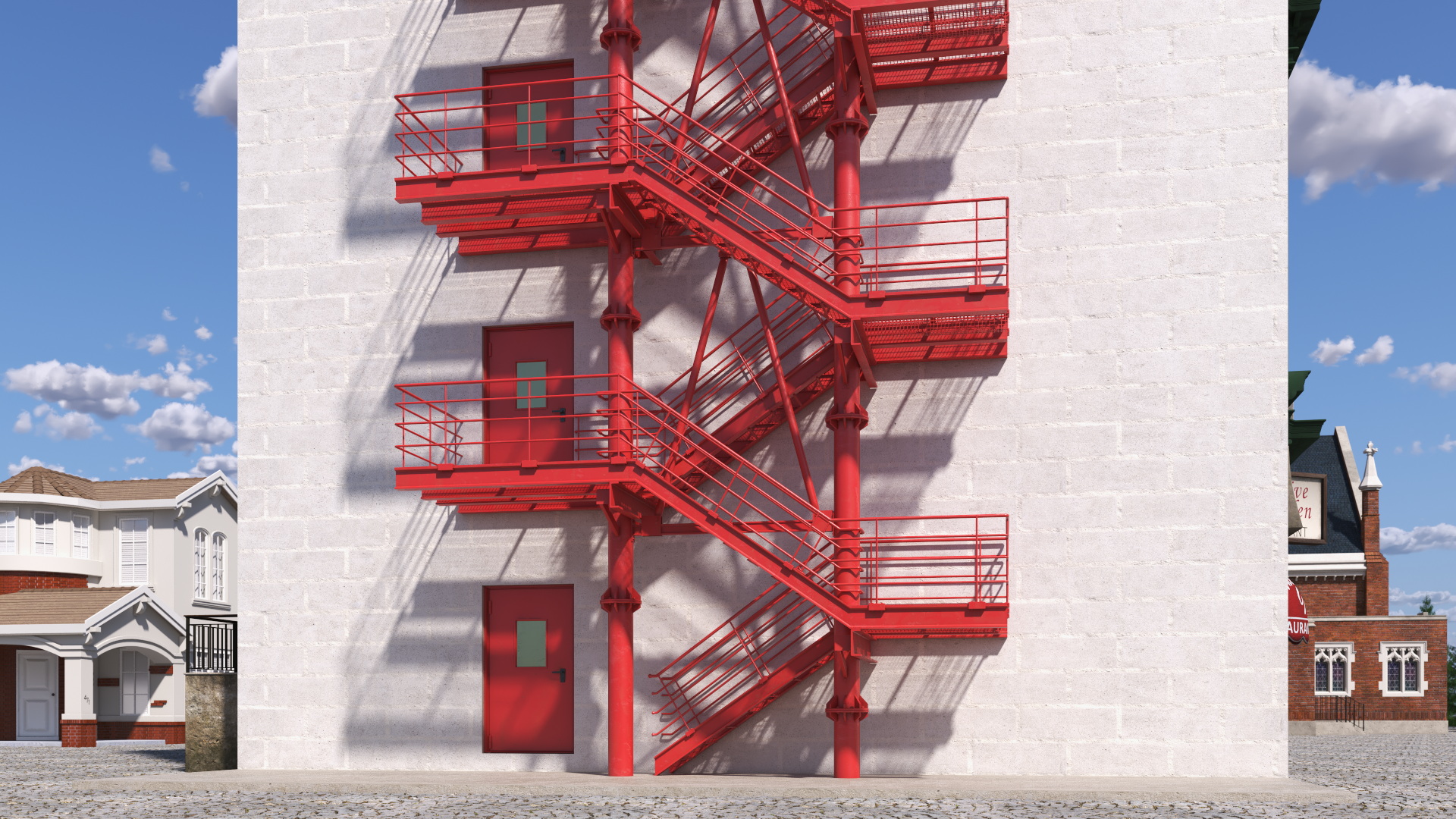 3D Fire Escape Red with Concrete Wall of House model