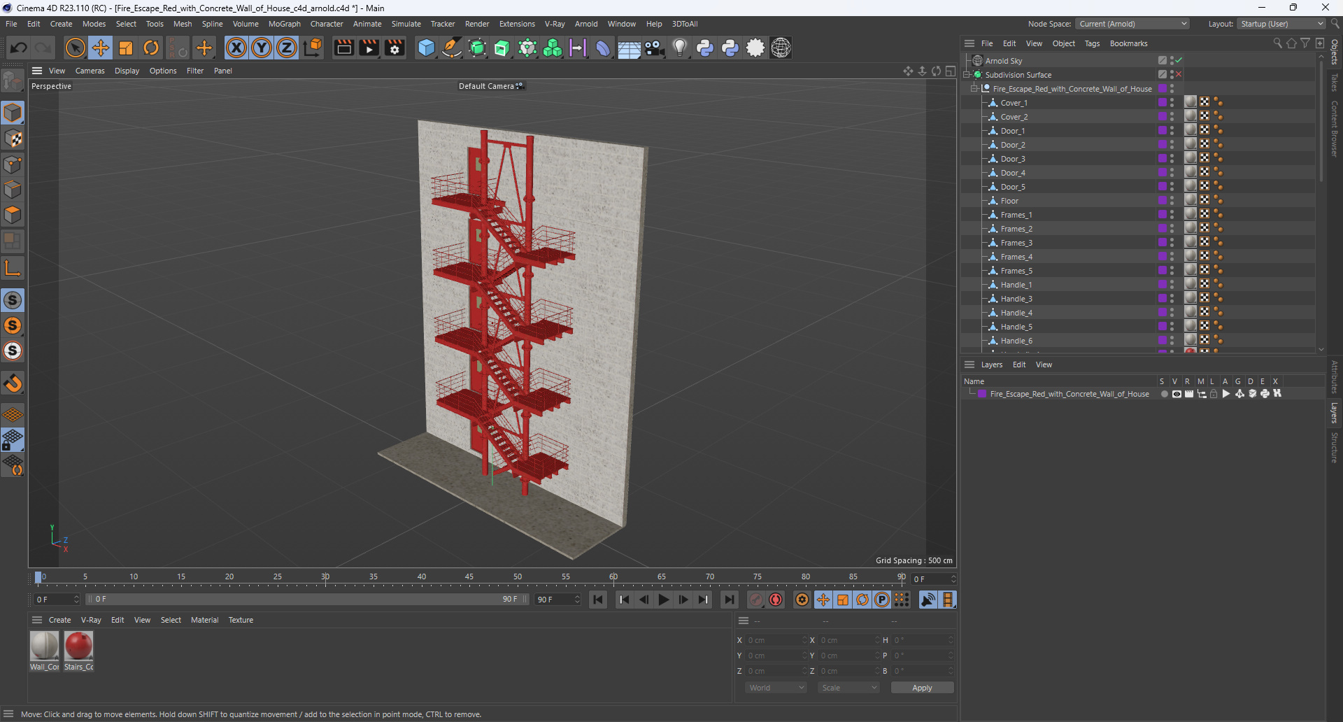 3D Fire Escape Red with Concrete Wall of House model