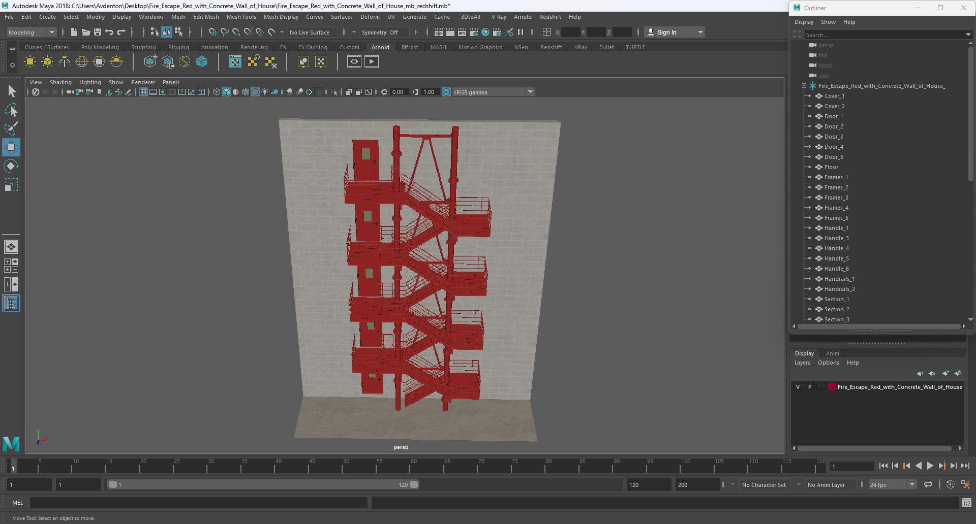 3D Fire Escape Red with Concrete Wall of House model