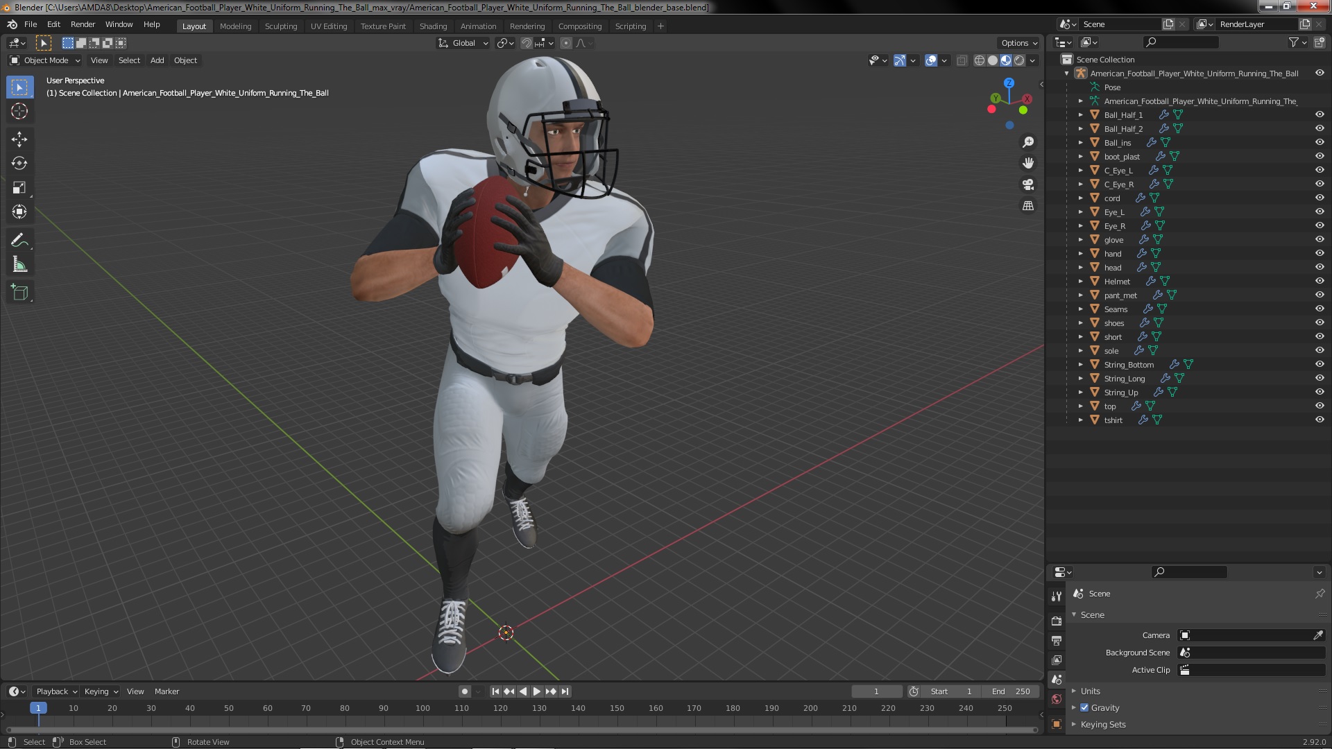 3D model American Football Player White Uniform Running The Ball