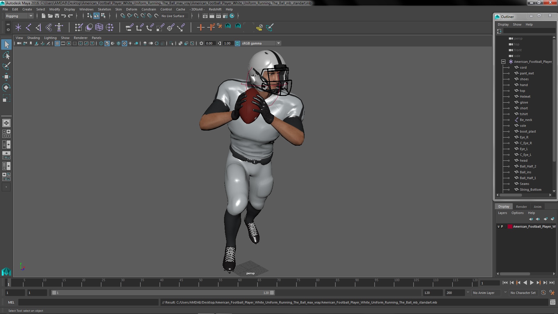 3D model American Football Player White Uniform Running The Ball