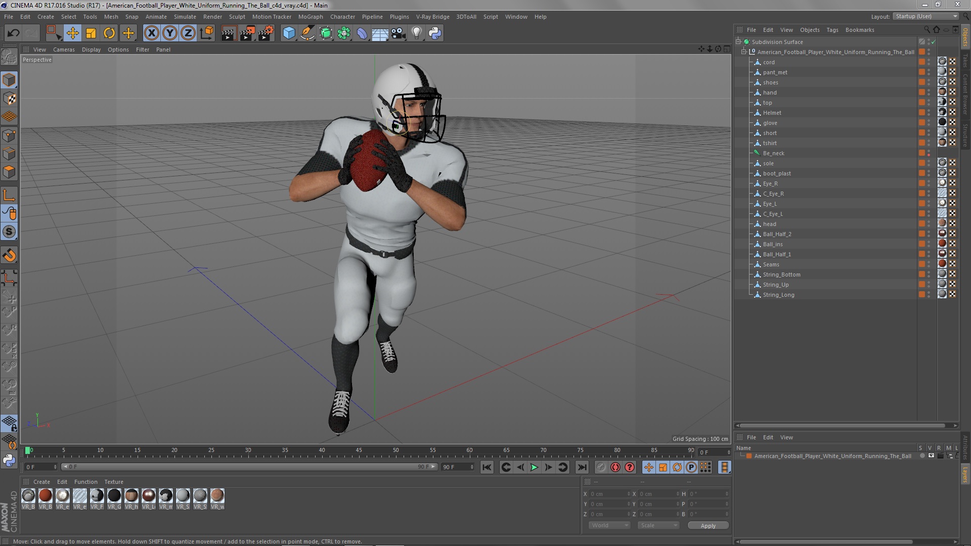 3D model American Football Player White Uniform Running The Ball