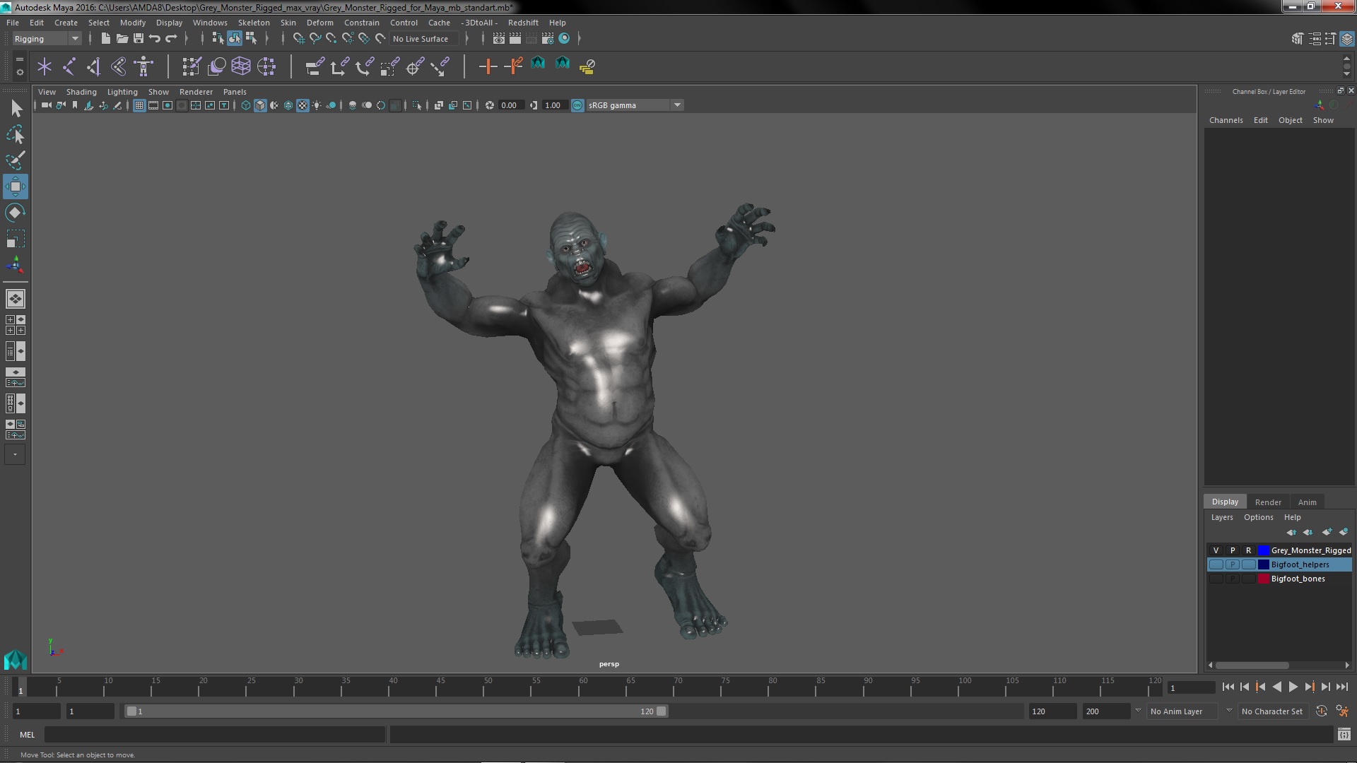 3D Grey Monster Rigged for Maya model