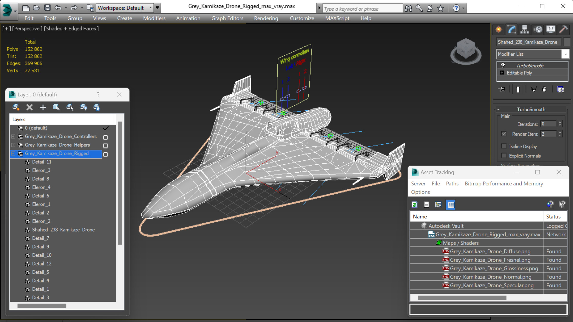 3D model Grey Kamikaze Drone Rigged for Maya