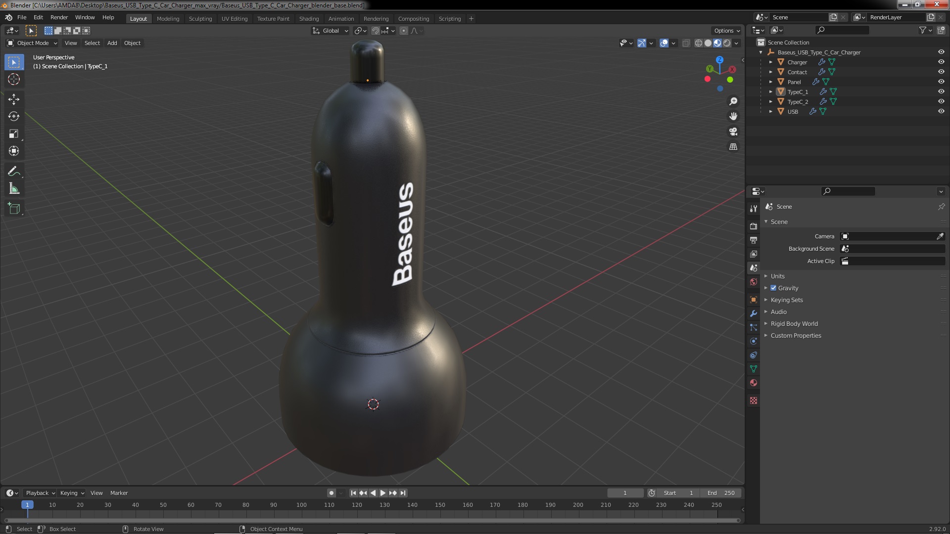 Baseus USB Type C Car Charger 3D model