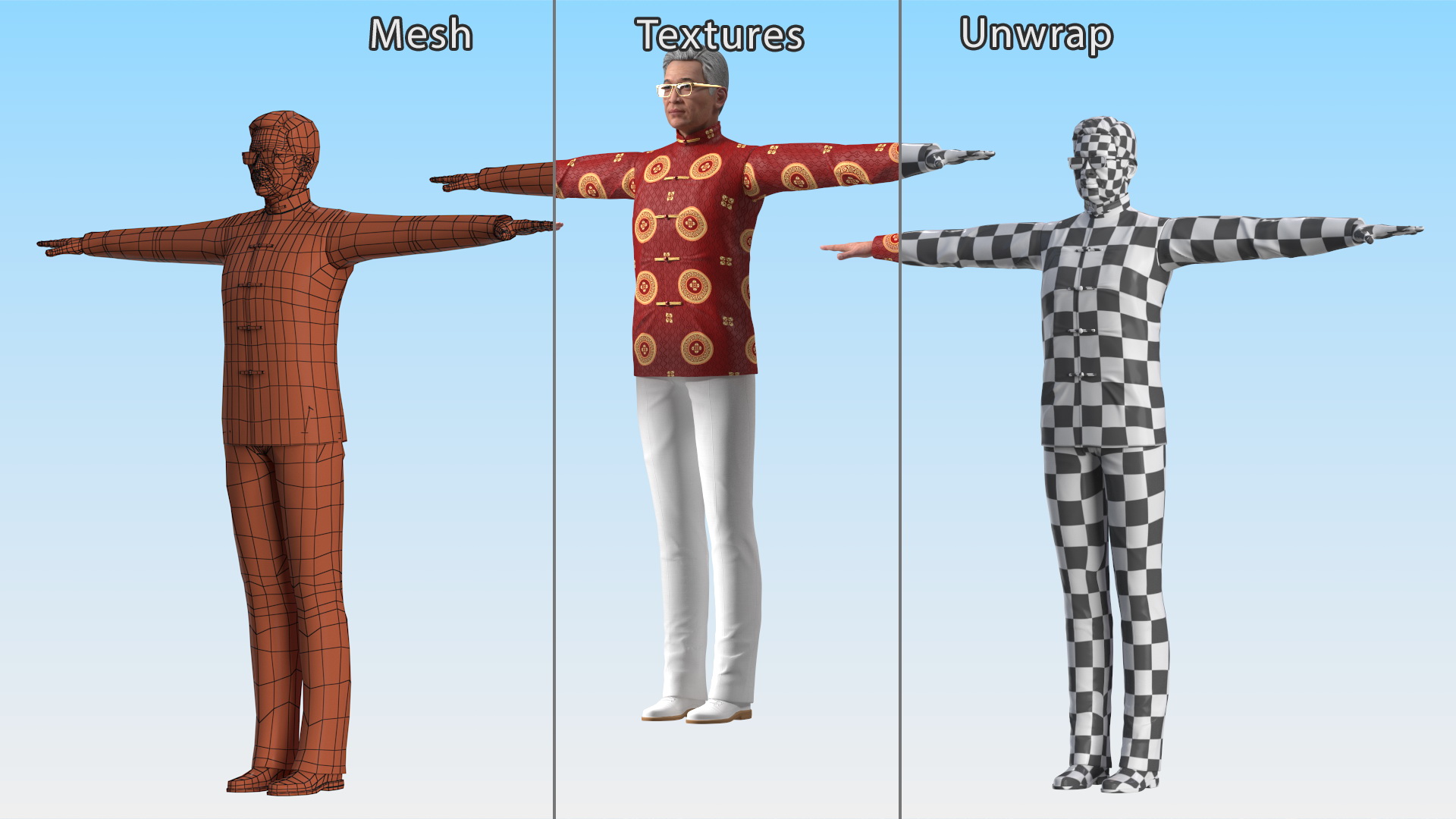 3D Chinese Elderly Man Traditional Style Rigged for Maya model