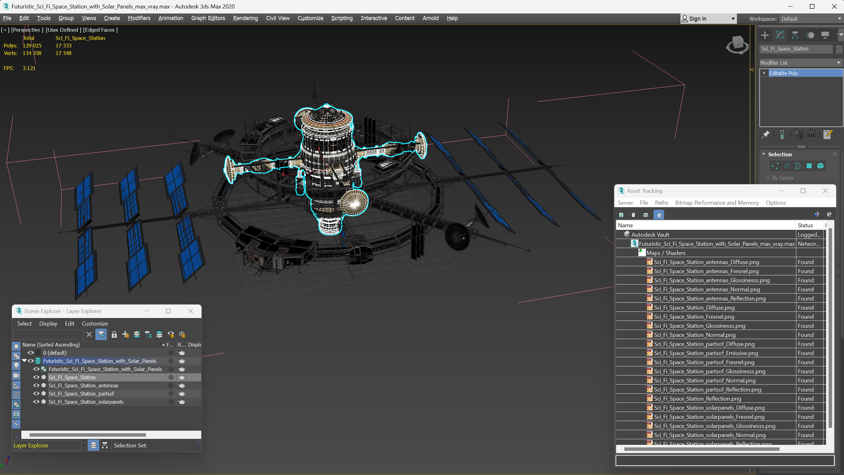 Futuristic Sci Fi Space Station with Solar Panels 3D model