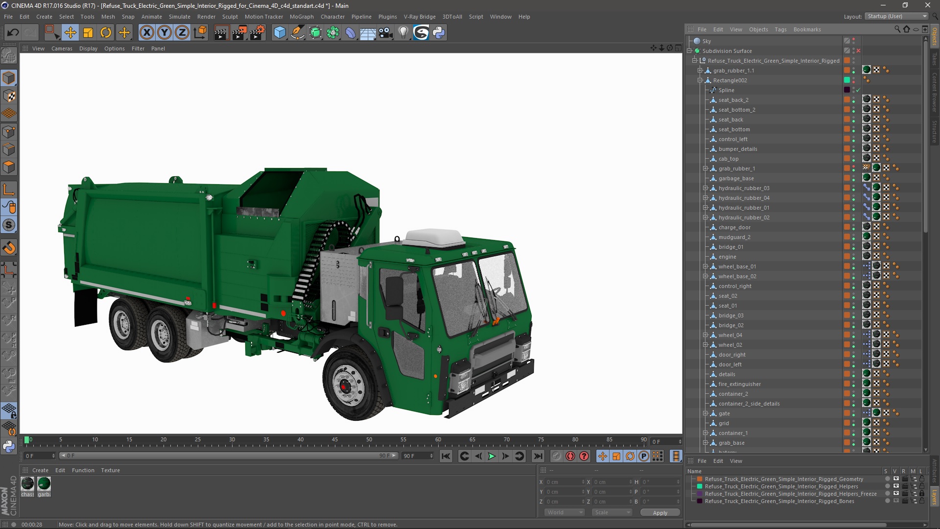 Refuse Truck Electric Green Simple Interior Rigged for Cinema 4D 3D model