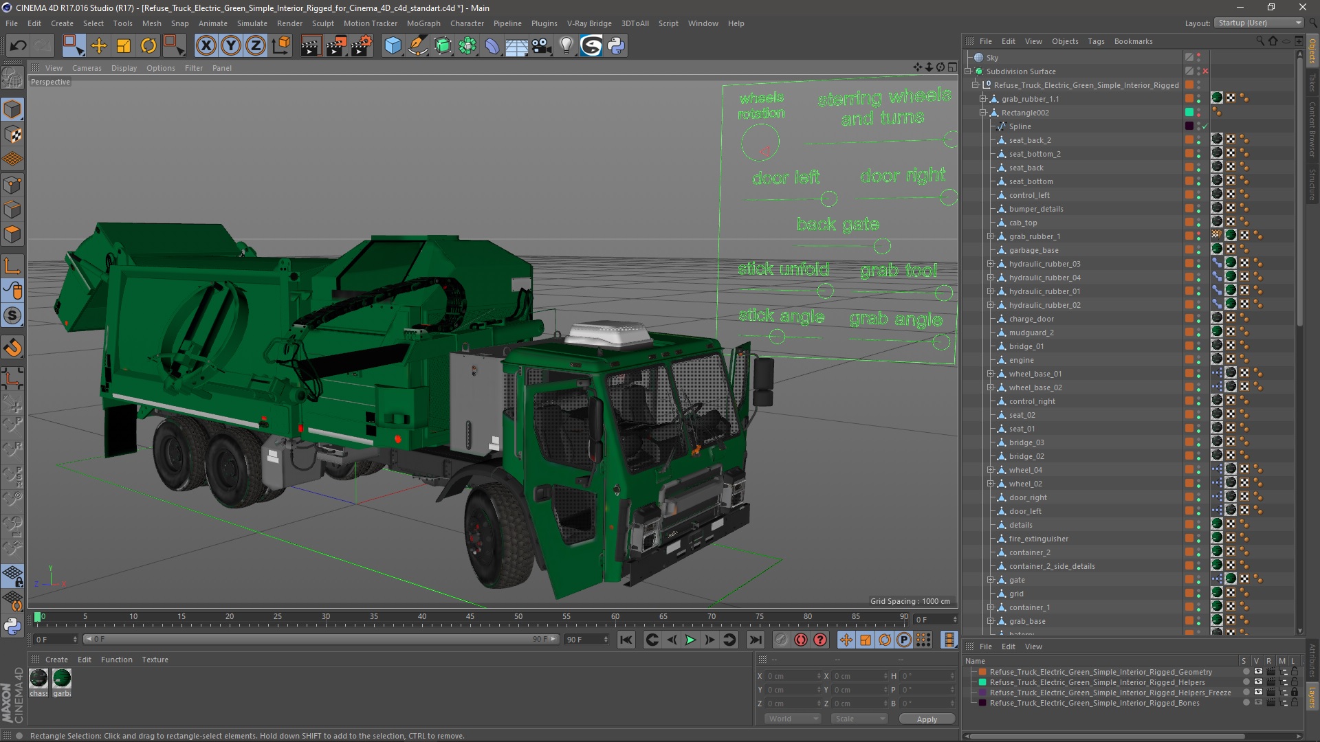 Refuse Truck Electric Green Simple Interior Rigged for Cinema 4D 3D model
