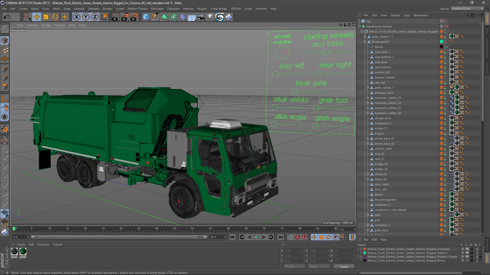 Refuse Truck Electric Green Simple Interior Rigged for Cinema 4D 3D model