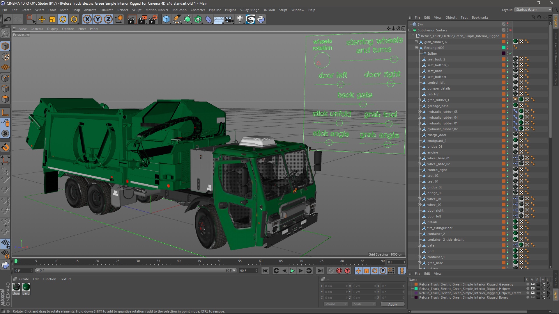 Refuse Truck Electric Green Simple Interior Rigged for Cinema 4D 3D model