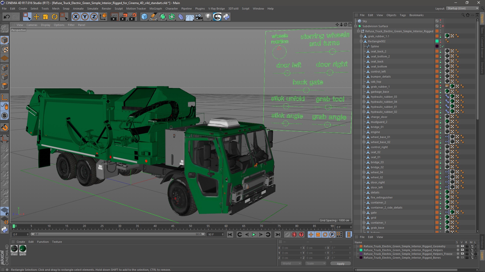 Refuse Truck Electric Green Simple Interior Rigged for Cinema 4D 3D model